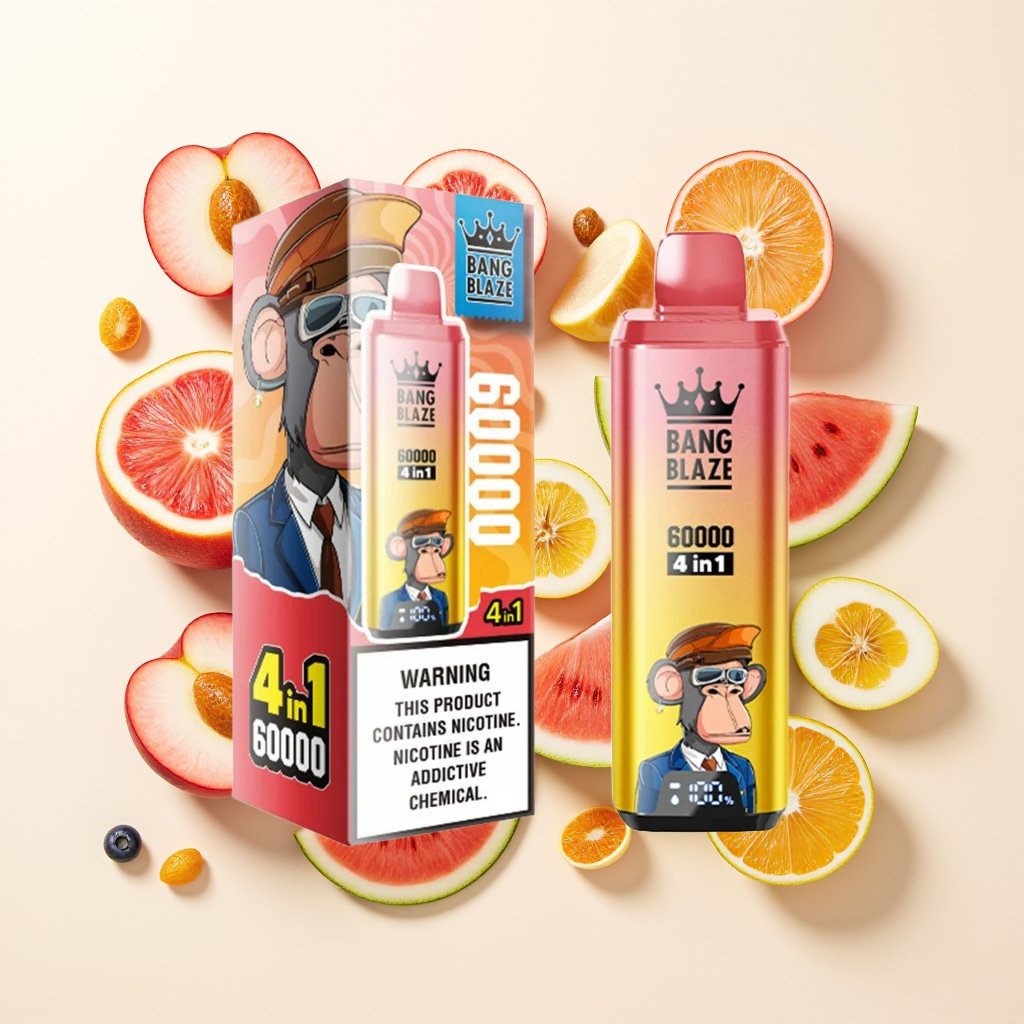 Blueberry-IcePeach-Mango-WatermelonPassion-KissMelon-Apple.jpg Bang Blaze 60K Puffs 4 in 1 Disposable Vape - Image 1